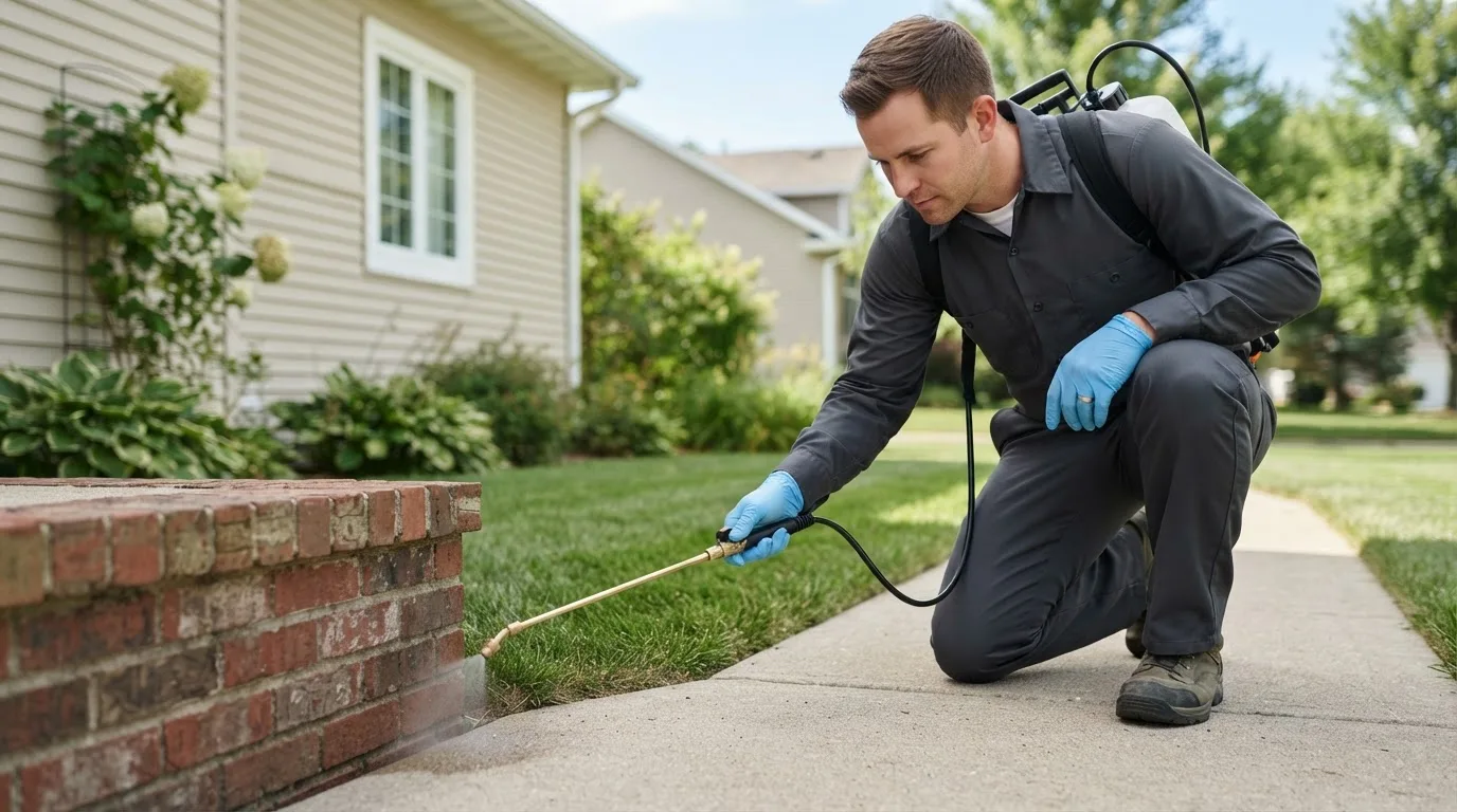Pest control technician treating a home near Wewoka, OK
