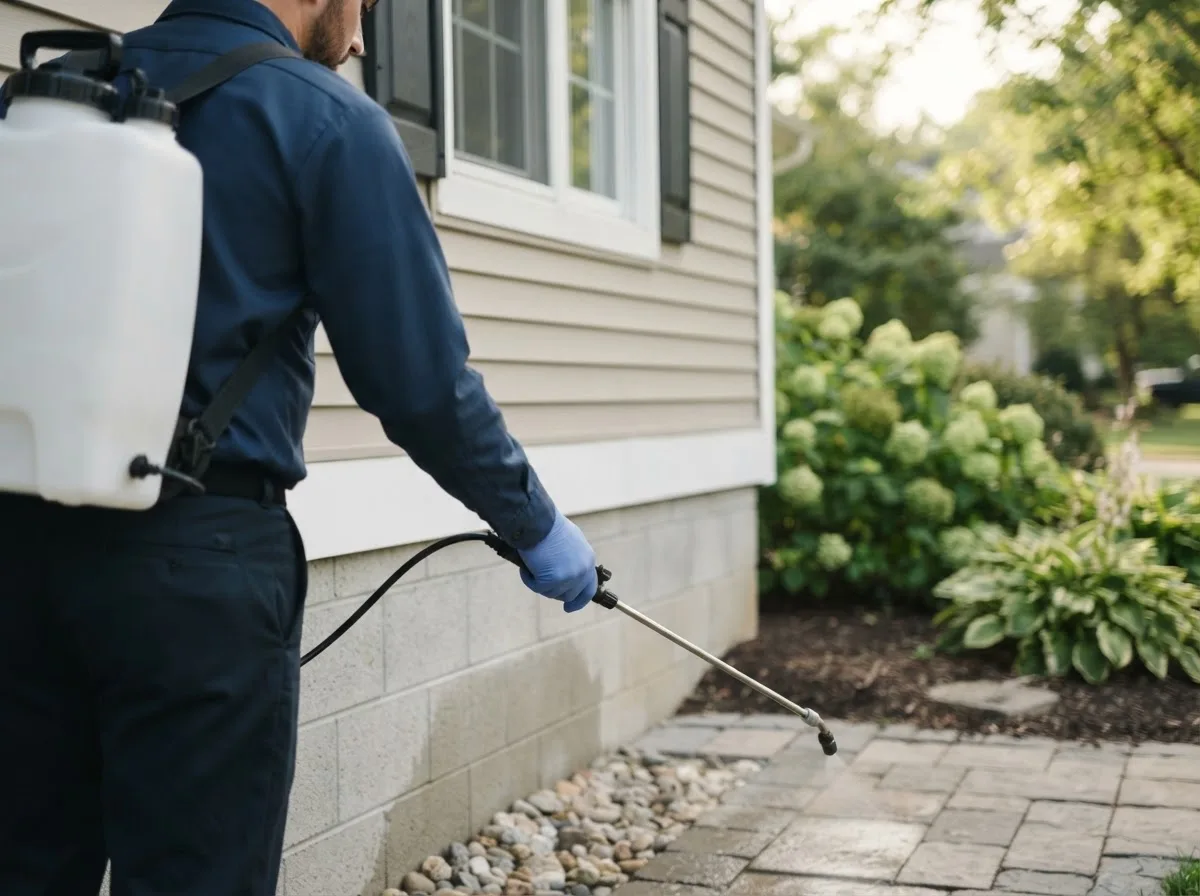 Pest control technician inspecting a home in Wewoka, OK